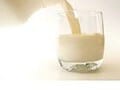 Į skaidrią stiklinę švelniai apšviestame fone pilama pieno srovelė, žinoma dėl savo vaidmens pieno produktuose.