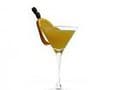 Ryškus geltonas kokteilis martinio taurėje, papuoštas apelsino skiltele ir vyšnia ant iešmo, primenantis egzotiškus vaisių skonius. Stiklas elegantiškai stovi nesugadintame baltame fone, sukeldamas smalsumą ir malonumą.