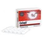 Maža balta dėžutė su raudonu ir baltu dizainu su užrašu "Cefagil". Dėžutė yra už lizdinės plokštelės, kurioje yra baltos tabletės.