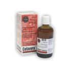 Mažas rudas vaistų buteliukas su užrašu "Cefavora" su baltu dangteliu stovi šalia baltos ir raudonos dėžutės, papuoštos tekstu ir grafika. Tiek etiketė ant buteliuko, kurioje nurodyta „100 ml“, tiek pakuotė yra panašios spalvos ir tekstas. Vaizdas šiek tiek neryškus, užfiksuojanti lašų esmę.