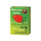 Nuotraukoje pavaizduota Möller's Junior gaminio dėžutė. Žalią pakuotę puošia žaismingas raudonos žuvies dizainas, išryškinantis pagrindines savybes, tokias kaip „Omega-3“ ir „Braškė“. Šis ryškus dizainas patinka vaikams ir pabrėžia produkto naudą sveikatai.