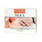 Nuotraukoje pavaizduota gaminio pakuotė, pažymėta „Futura Silica“, kurioje pavaizduota raudonplaukės moters su prižiūrimais nagais iliustracija, elegantiškai užsimenanti apie grožio ar odos priežiūros sprendimą.