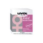 Dėžutė LIVOL MULTI Total vitaminų moterims, daugiausia balta su rožine dalimi su stilizuotu moterišku simboliu. Produktas apibūdinamas kaip maisto papildas su esminiais vitaminais ir mineralais.