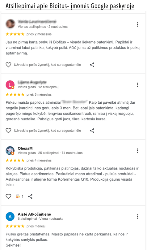 Lietuviškų "Google" atsiliepimų apie "Bioitus" ekrano nuotraukoje matyti, kad keturi apžvalgininkai įvertino 5 žvaigždutėmis, gyrė produkto kokybę, kainas ir vitaminų veiksmingumą. Apžvalgose minimi Biofitus maisto papildai, pateikiamos profilio piktogramos ir laiko žymos.